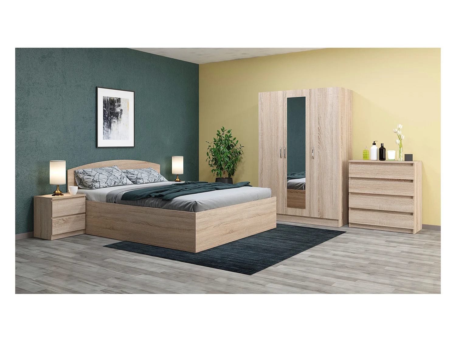 Camera da letto completa 160x200 con comò design moderno effetto legno sonoma CMG45