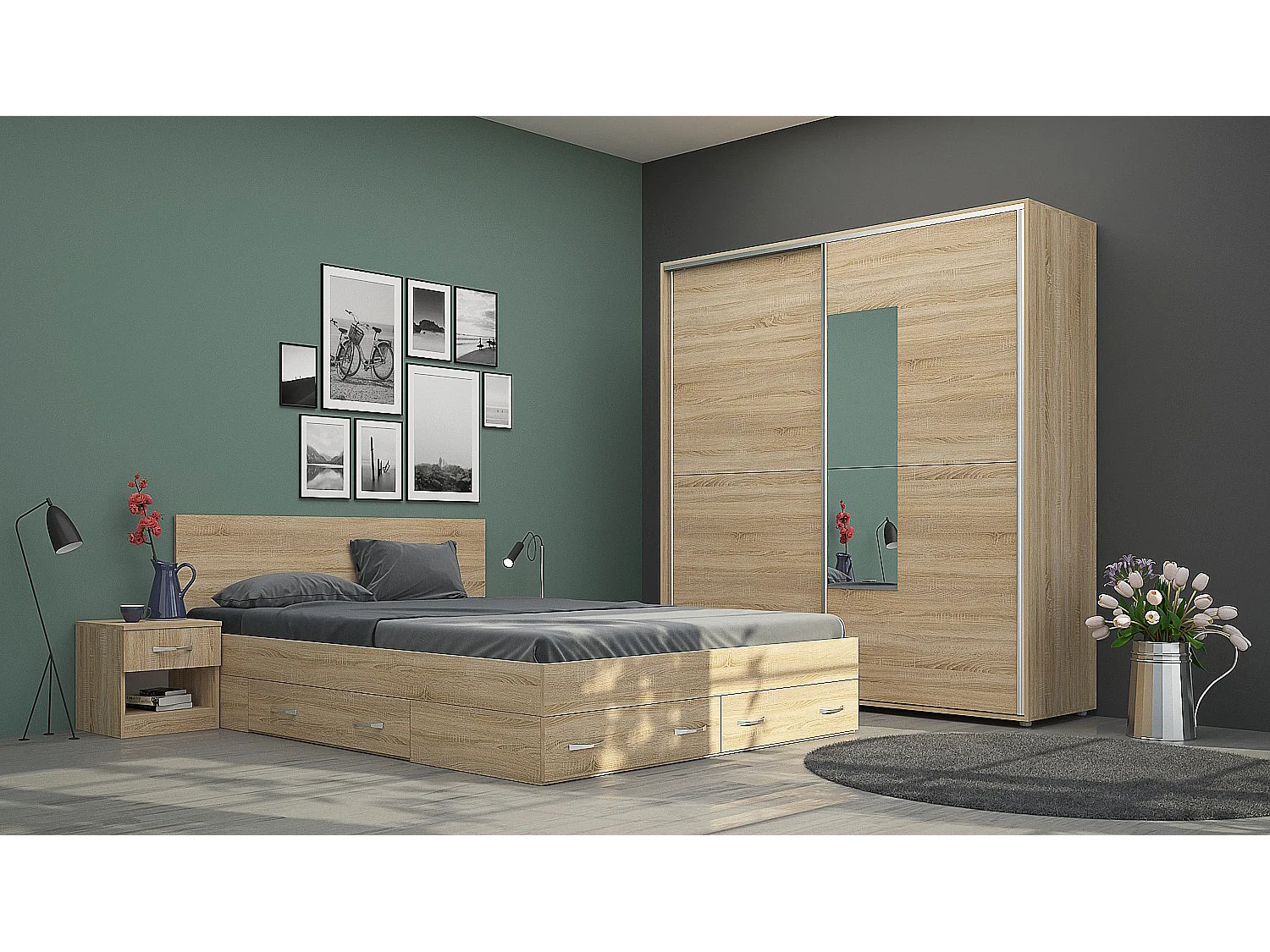 Camera da letto matrimoniale 160x200 completa effetto legno sonoma CMG43