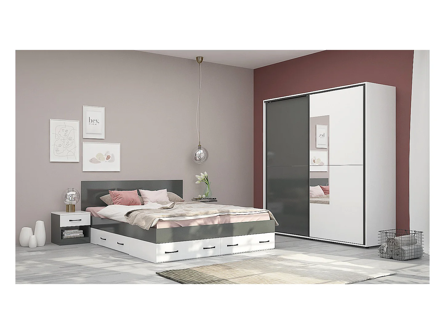 Camera da letto matrimoniale 160x200 completa design laccato bianco lucido e antracite CMG43