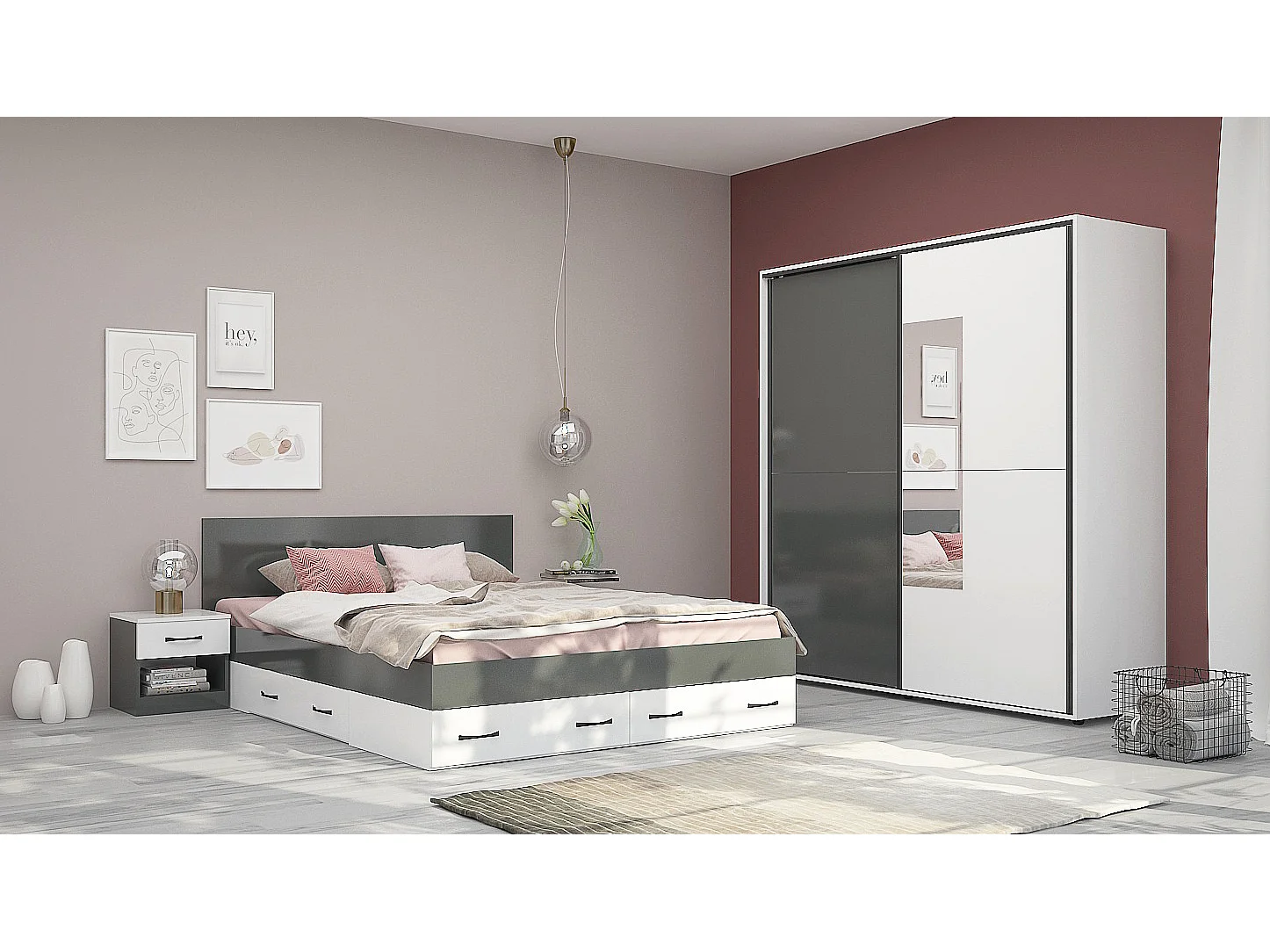 Camera da letto matrimoniale 160x200 completa design laccato bianco lucido e antracite CMG43