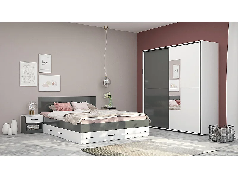 Camera da letto matrimoniale 160x200 completa design laccato bianco lucido e antracite CMG43