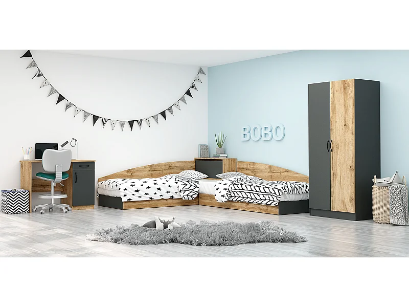 Cameretta completa 82x190 con due letti singoli ad angolo e scrivania rovere e antracite CBG7