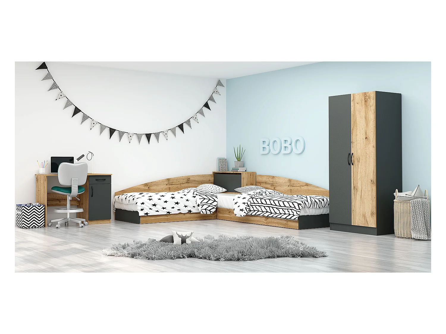 Cameretta completa 82x190 con due letti singoli ad angolo e scrivania rovere e antracite CBG7