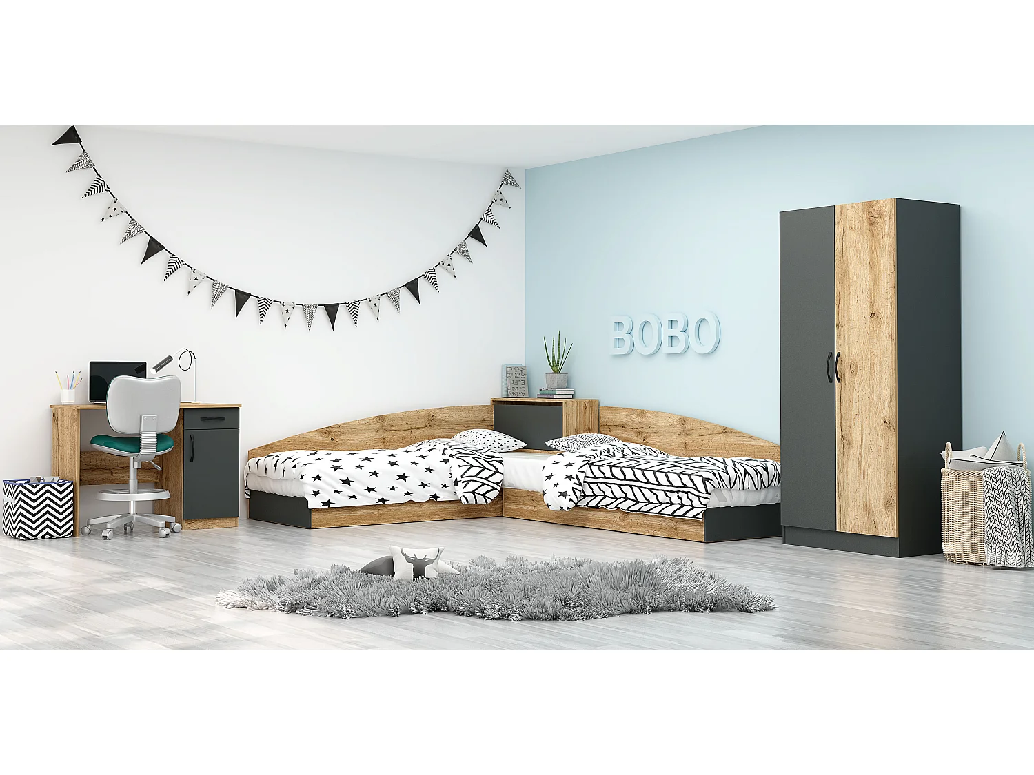 Cameretta completa 82x190 con due letti singoli ad angolo e scrivania rovere e antracite CBG7