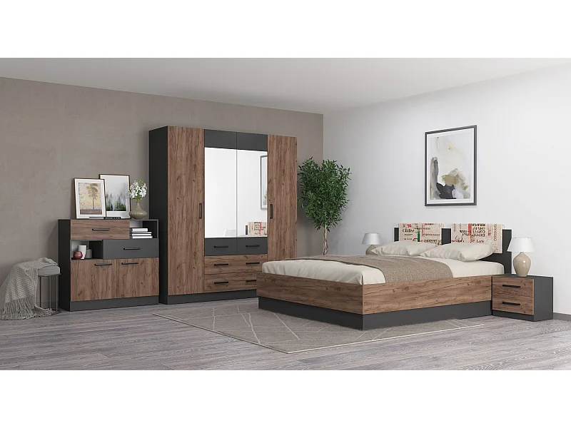 Camera matrimoniale con letto contenitore 160x200 cm noce e antracite CMG38