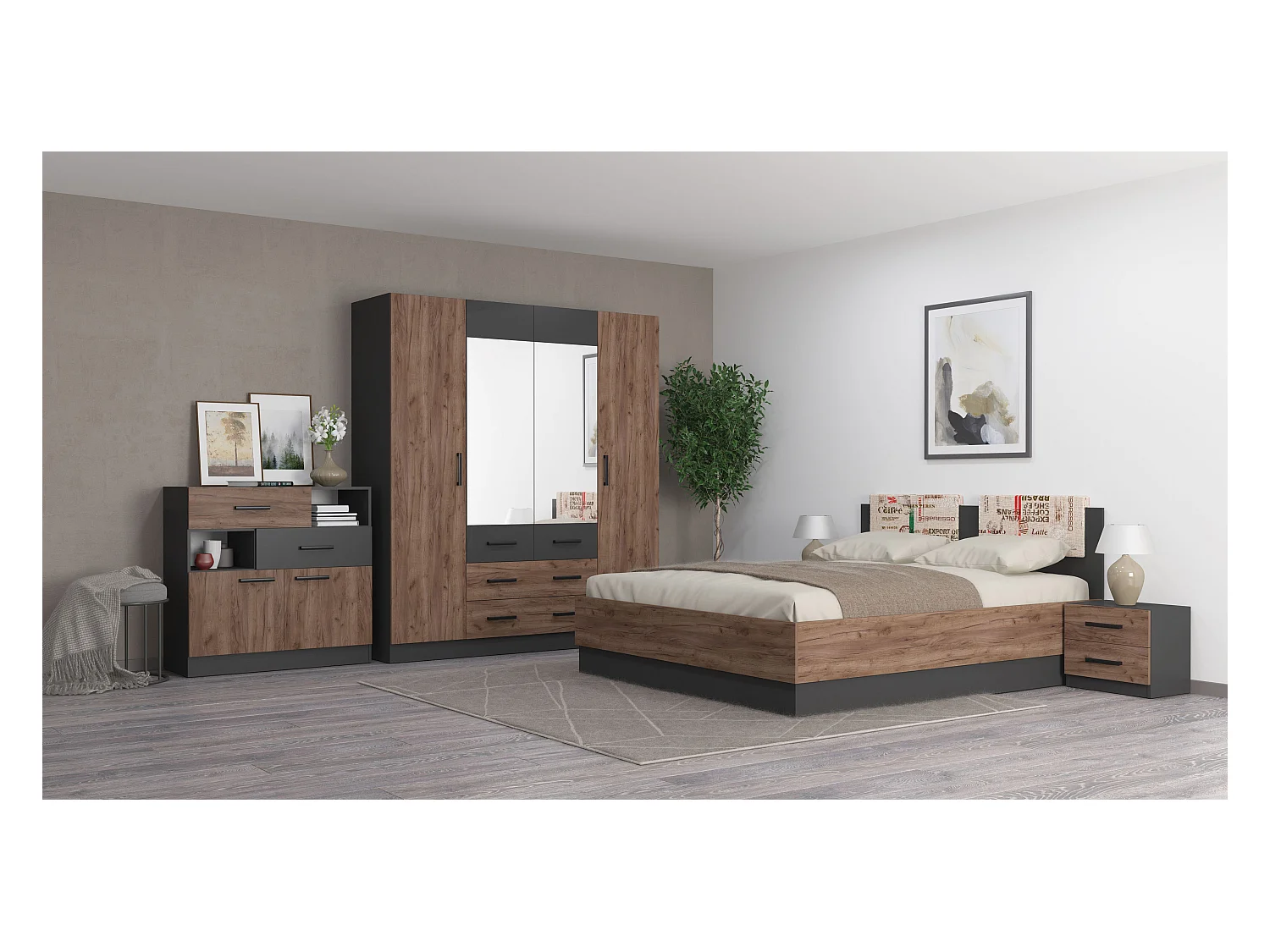 Camera matrimoniale con letto contenitore 160x200 cm noce e antracite CMG38