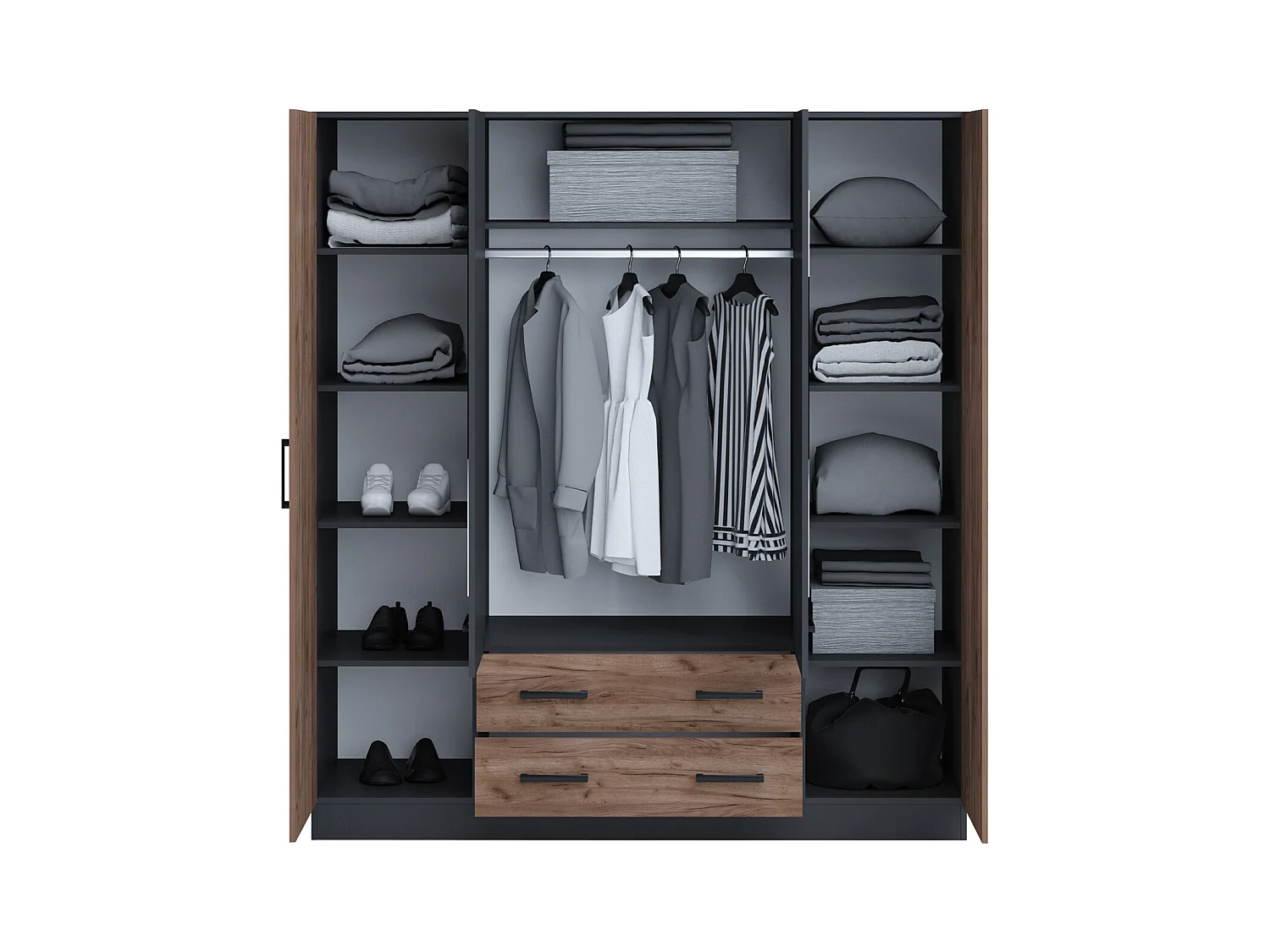 Camera matrimoniale con letto contenitore 160x200 cm noce e antracite CMG38