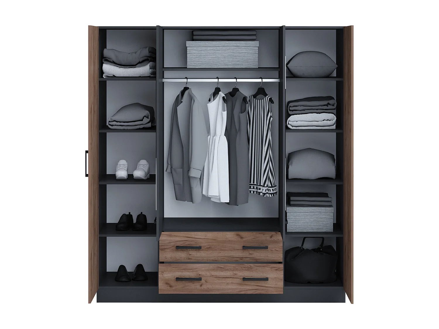 Camera matrimoniale con letto contenitore 160x200 cm noce e antracite CMG38