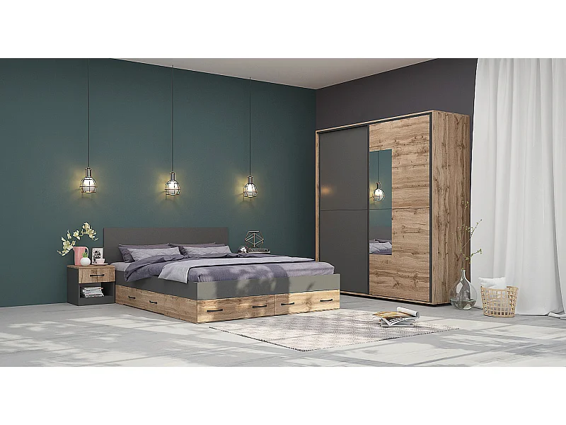 Camera da letto matrimoniale 160x200 completa effetto legno rovere e antracite CMG43