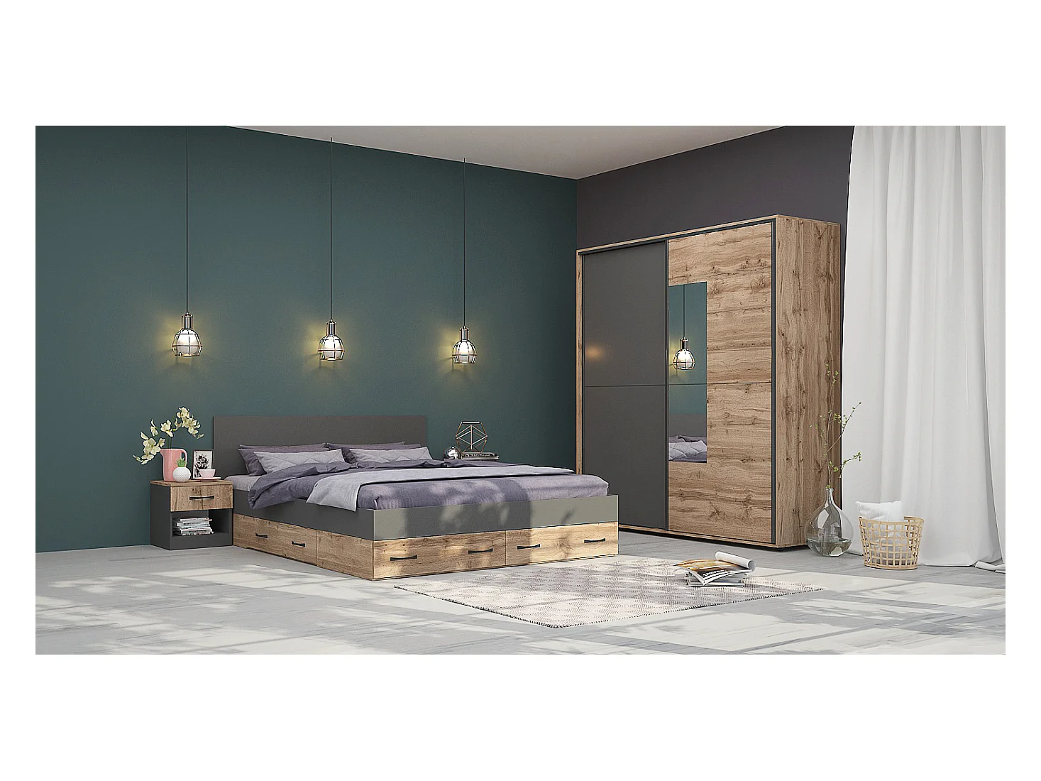 Camera da letto matrimoniale 160x200 completa effetto legno rovere e antracite CMG43