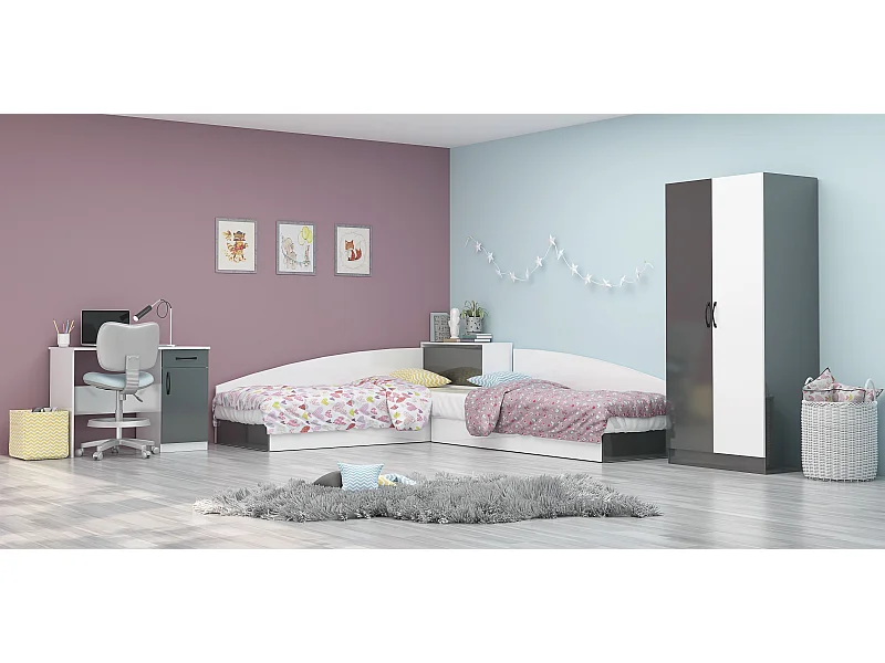 Cameretta completa 82x190 con due letti singoli ad angolo e scrivania bianco lucido e antracite CBG7