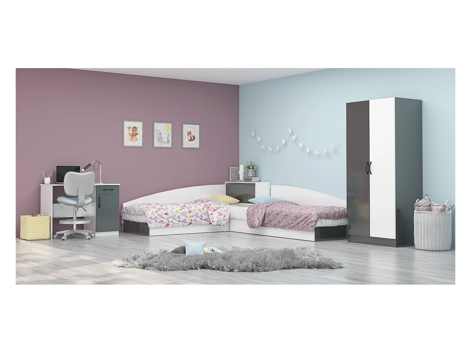 Cameretta completa 82x190 con due letti singoli ad angolo e scrivania bianco lucido e antracite CBG7