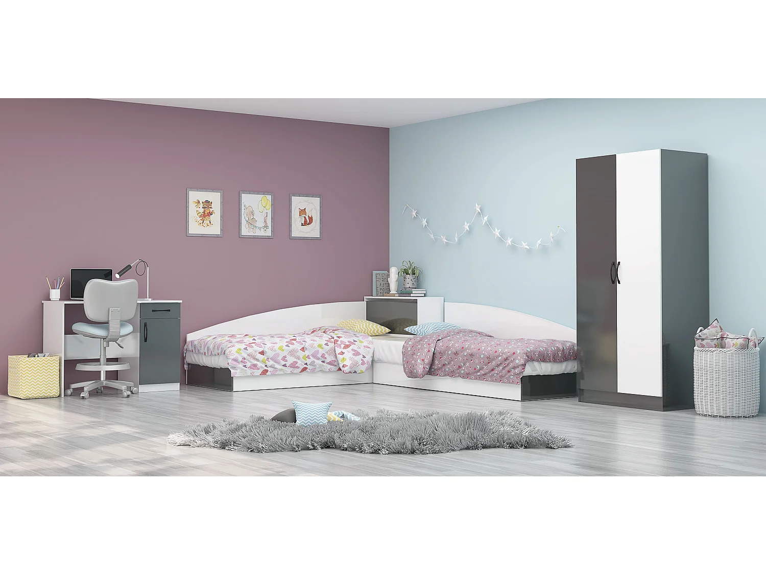 Cameretta completa 82x190 con due letti singoli ad angolo e scrivania bianco lucido e antracite CBG7