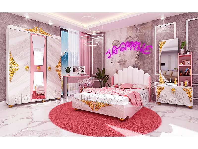 Cameretta moderna completa 120x190 cm bianco marmo e rosa CCU20