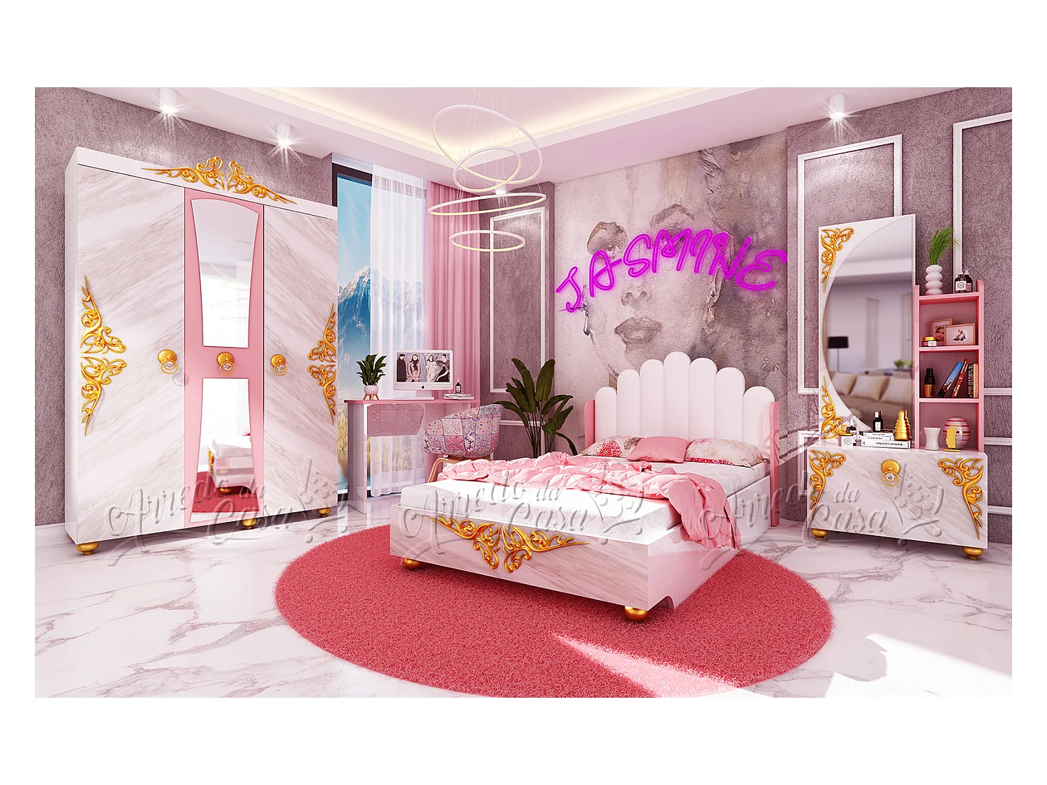 Cameretta moderna completa 120x190 cm bianco marmo e rosa CCU20