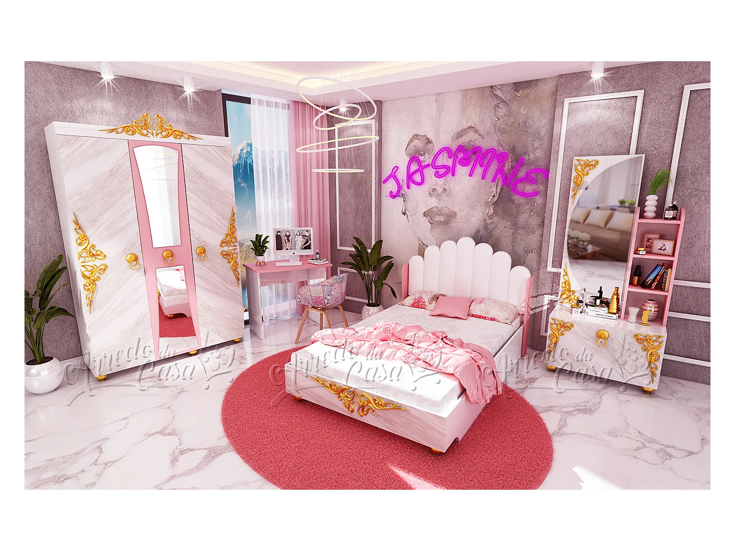 Cameretta moderna completa 120x190 cm bianco marmo e rosa CCU20