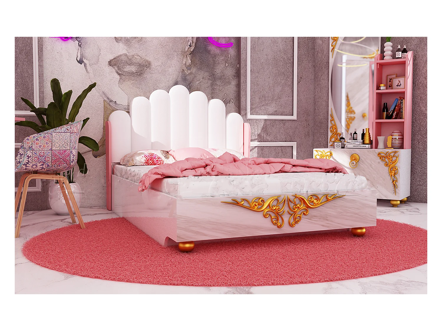 Cameretta moderna completa 120x190 cm bianco marmo e rosa CCU20