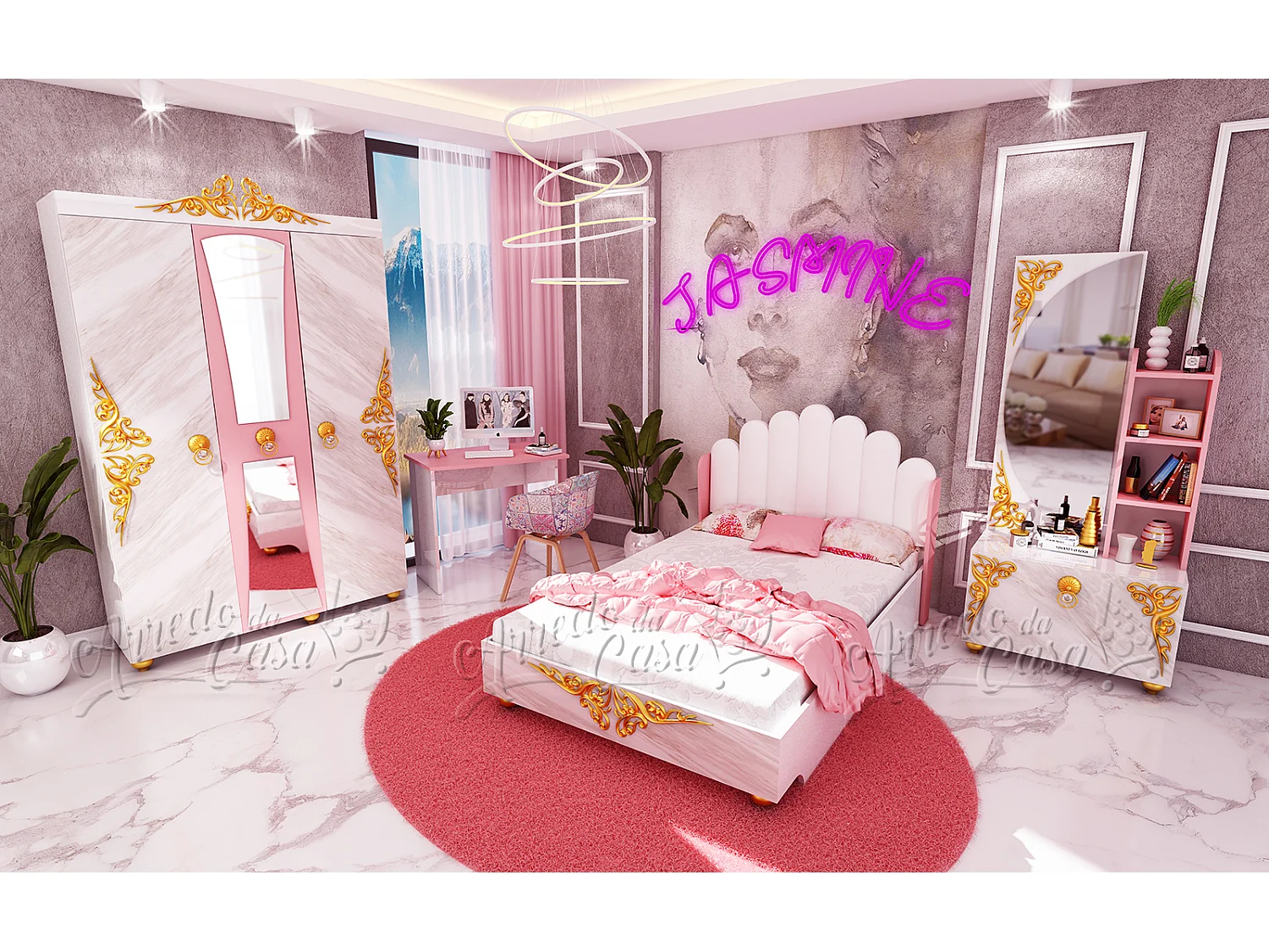 Cameretta moderna completa 120x190 cm bianco marmo e rosa CCU20