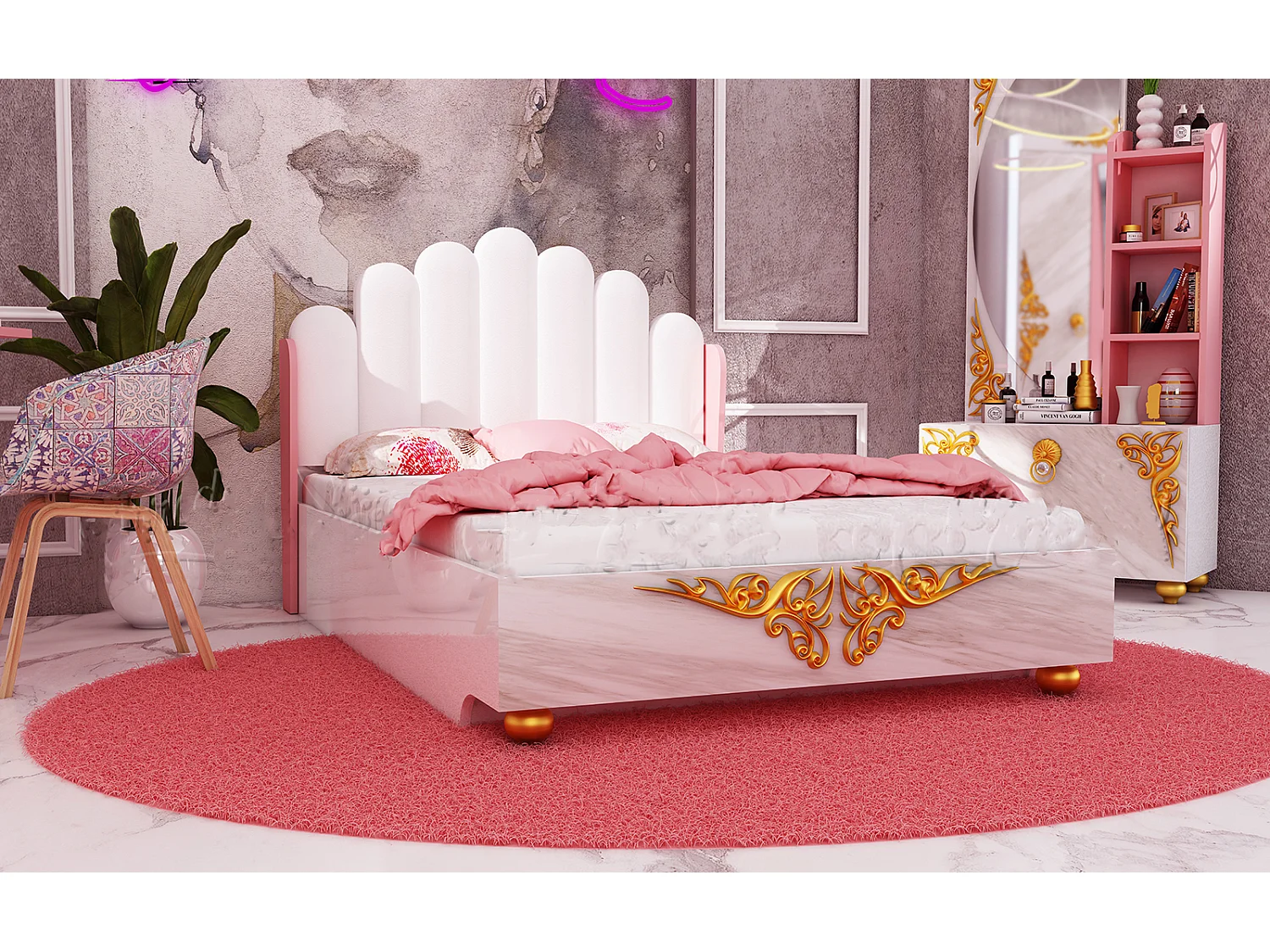 Cameretta moderna completa 120x190 cm bianco marmo e rosa CCU20