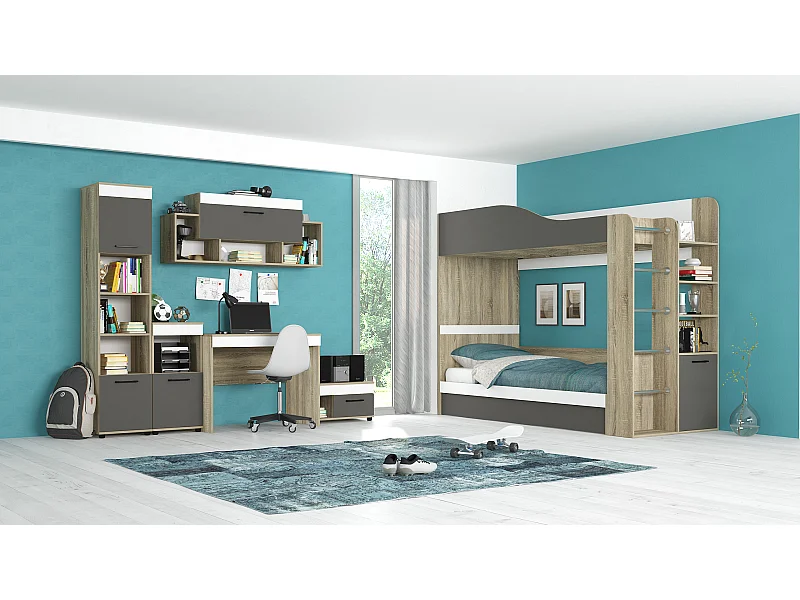 Cameretta completa con letto a castello 90x200 cm rovere, antracite e bianco CBG10