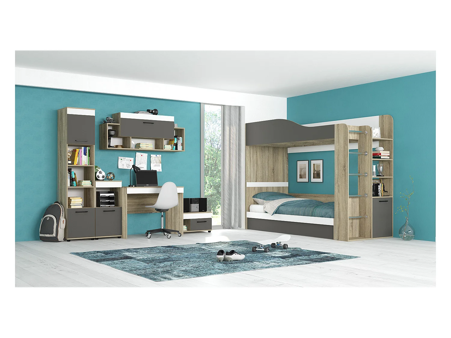 Cameretta completa con letto a castello 90x200 cm rovere, antracite e bianco CBG10