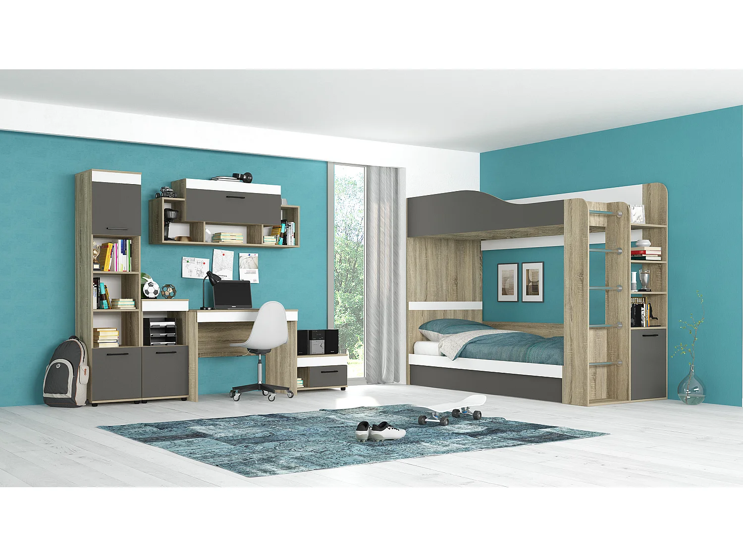 Cameretta completa con letto a castello 90x200 cm rovere, antracite e bianco CBG10