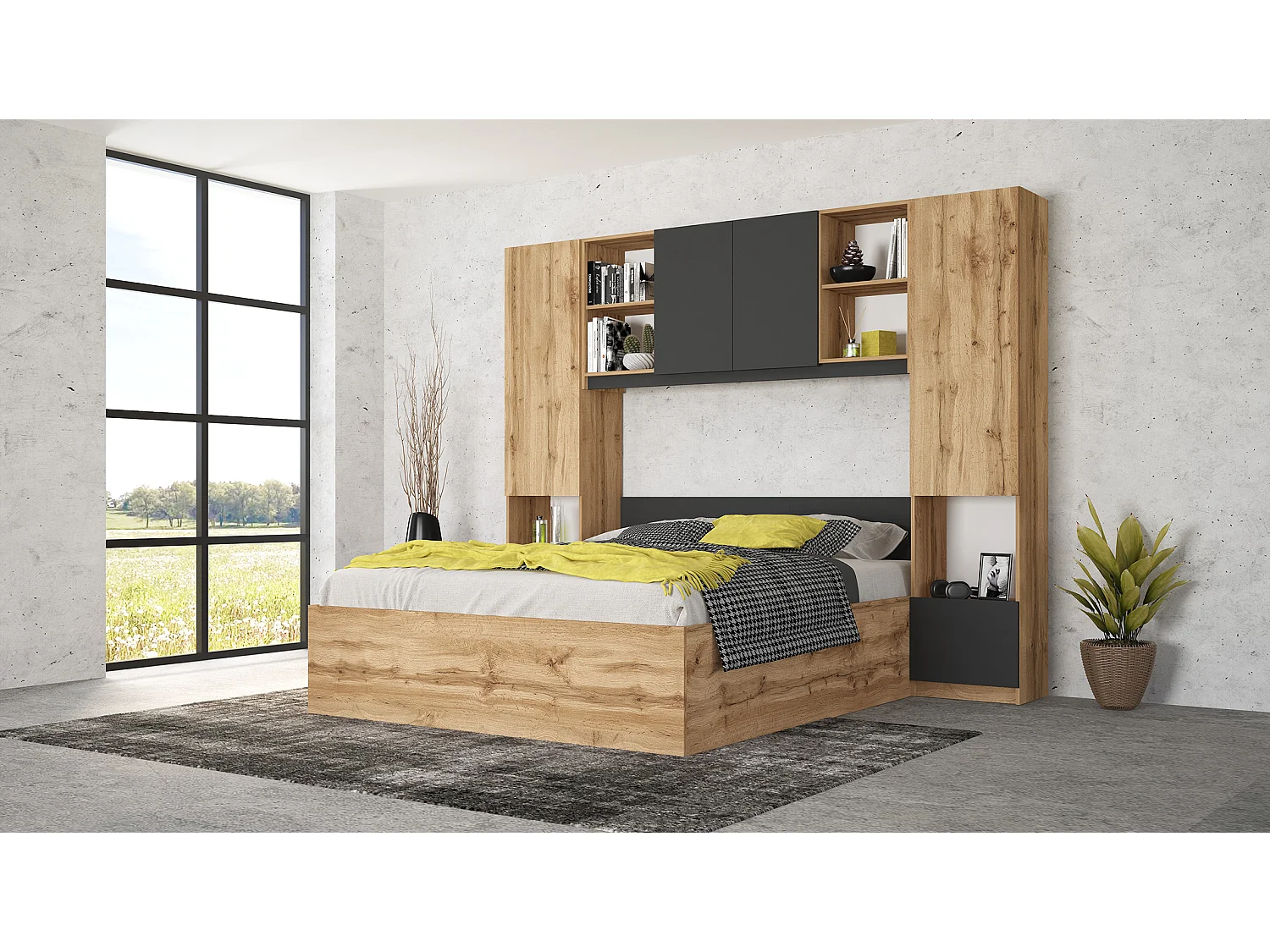 Camera da letto con armadio a ponte 254x200 cm rovere e antracite CMG49