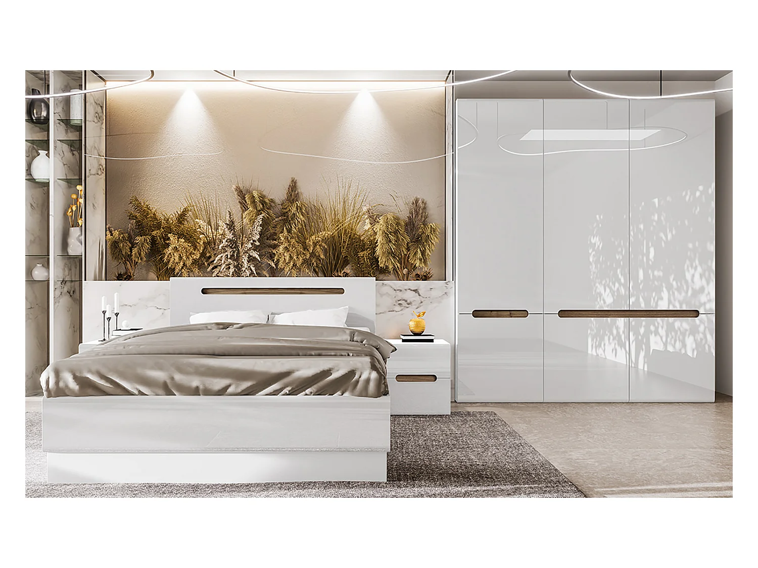 Camera da letto completa bianco lucido e rovere con comodini CDLI39