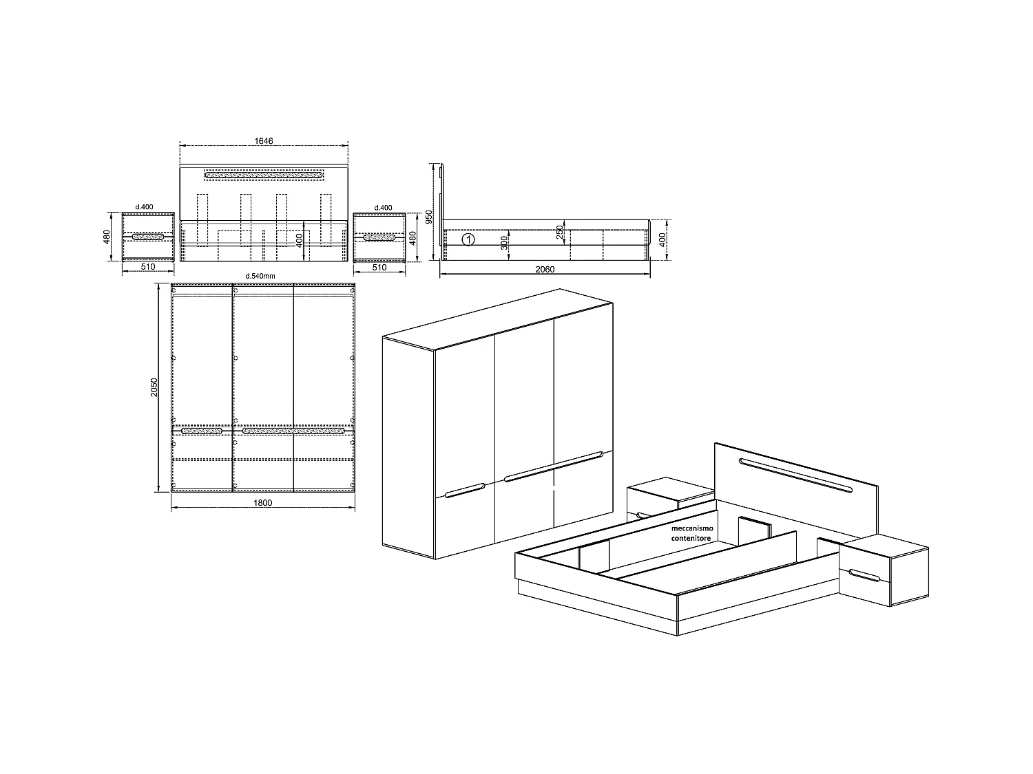 Camera da letto completa bianco lucido e rovere con comodini CDLI39
