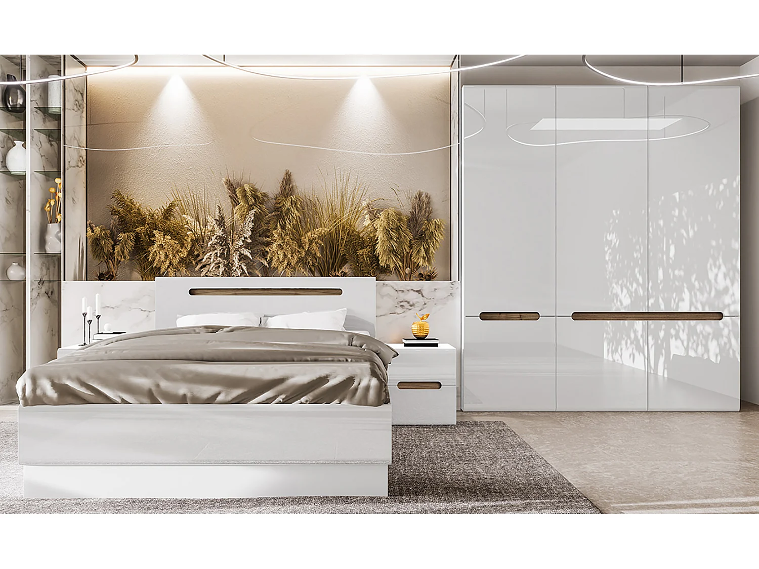 Camera da letto completa bianco lucido e rovere con comodini CDLI39