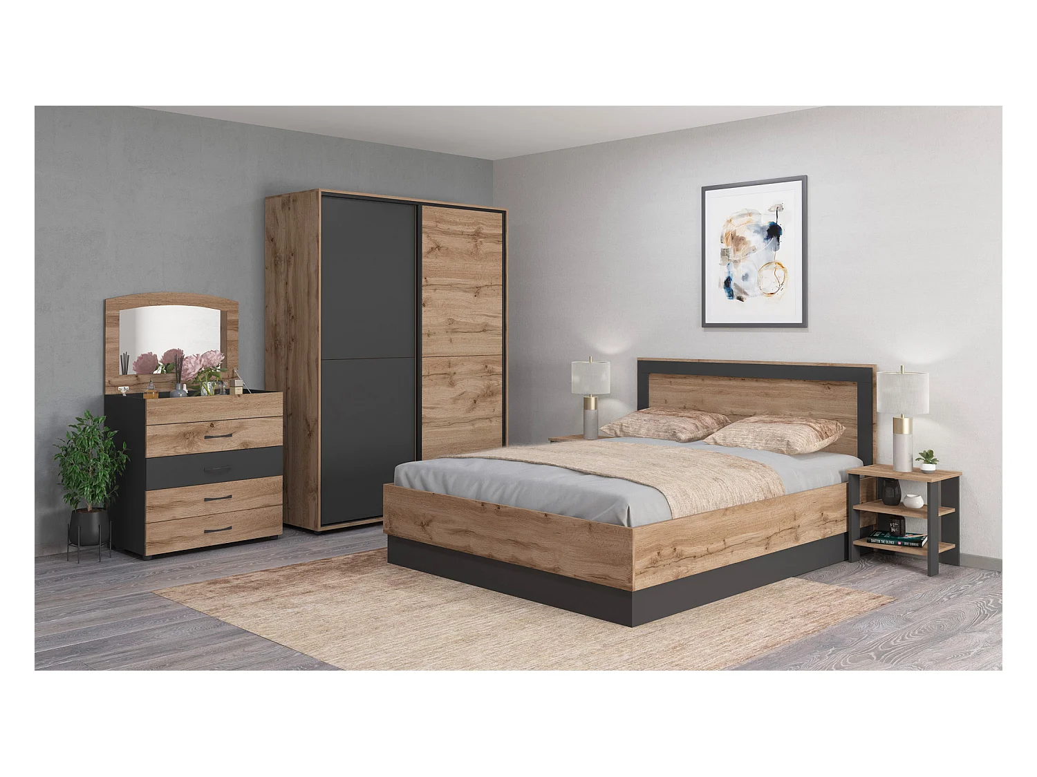 Camera da letto completa 160x200 con comò e specchio effetto legno rovere e antracite CMG44