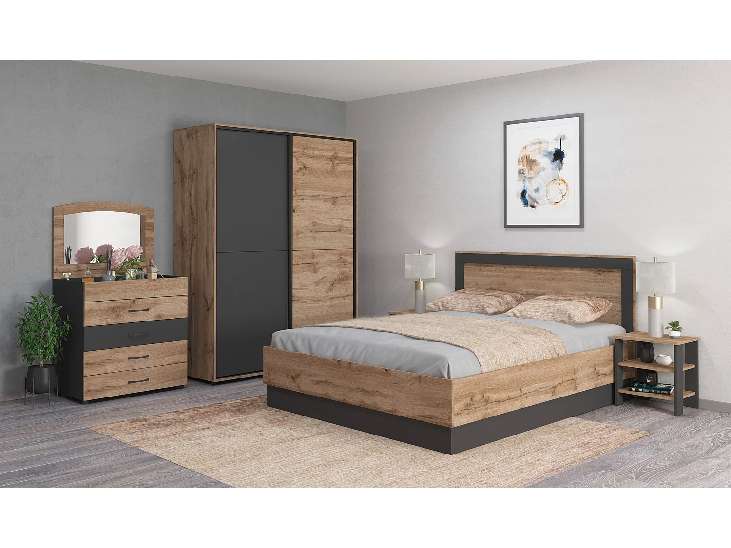 Camera da letto completa 160x200 con comò e specchio effetto legno rovere e antracite CMG44