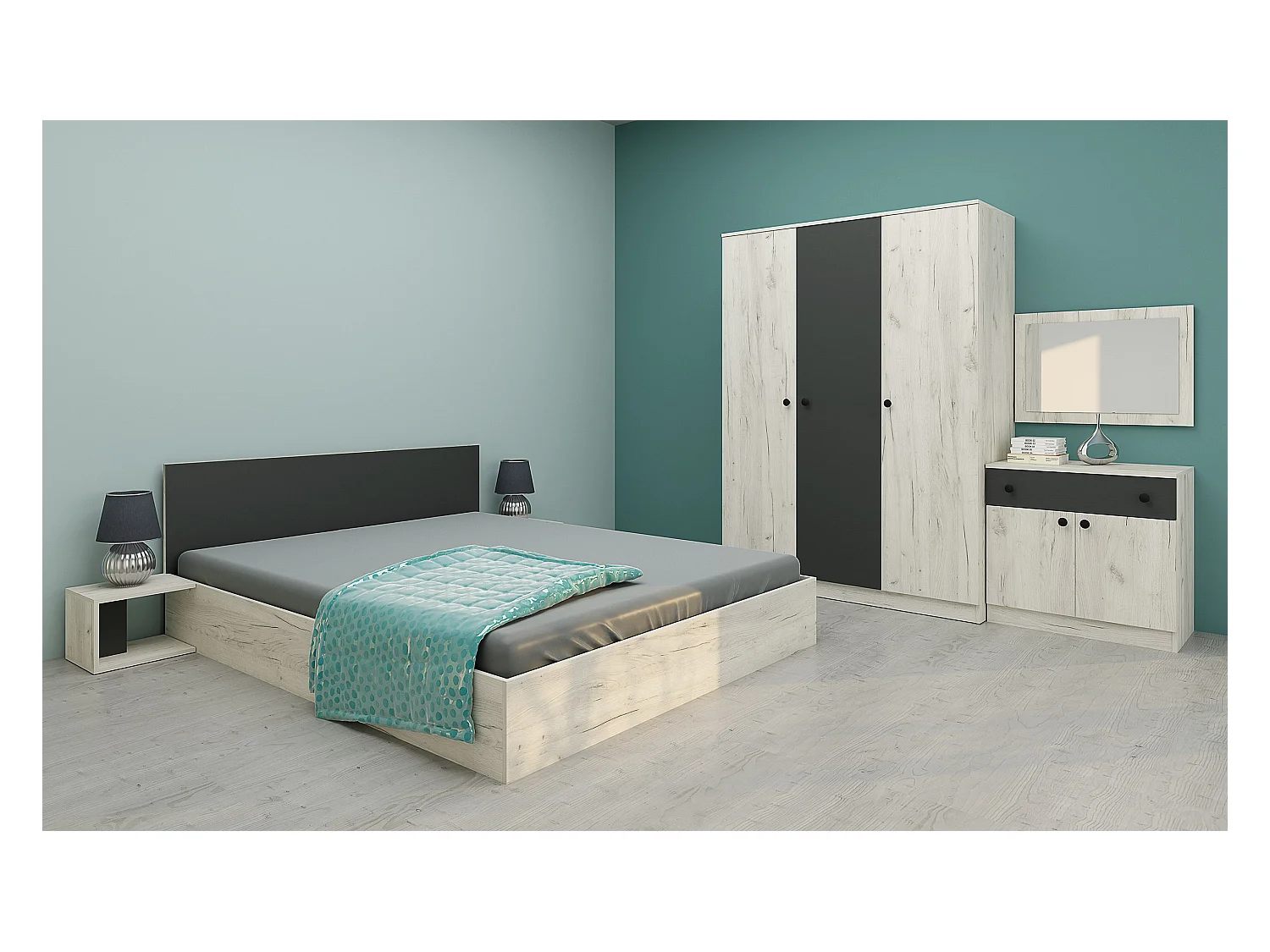 Camera da letto matrimoniale completa bianco legno e antracite CDMG1