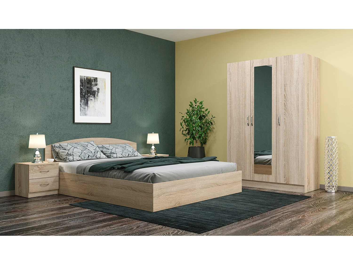 Camera da letto completa 160x200 design moderno effetto legno sonoma CMG39