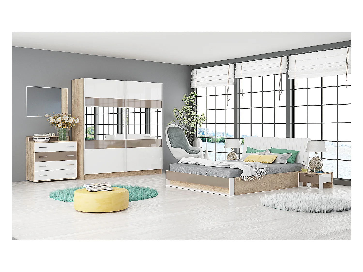 Camera da letto completa rovere/bianco lucido/cappuccino CMG16