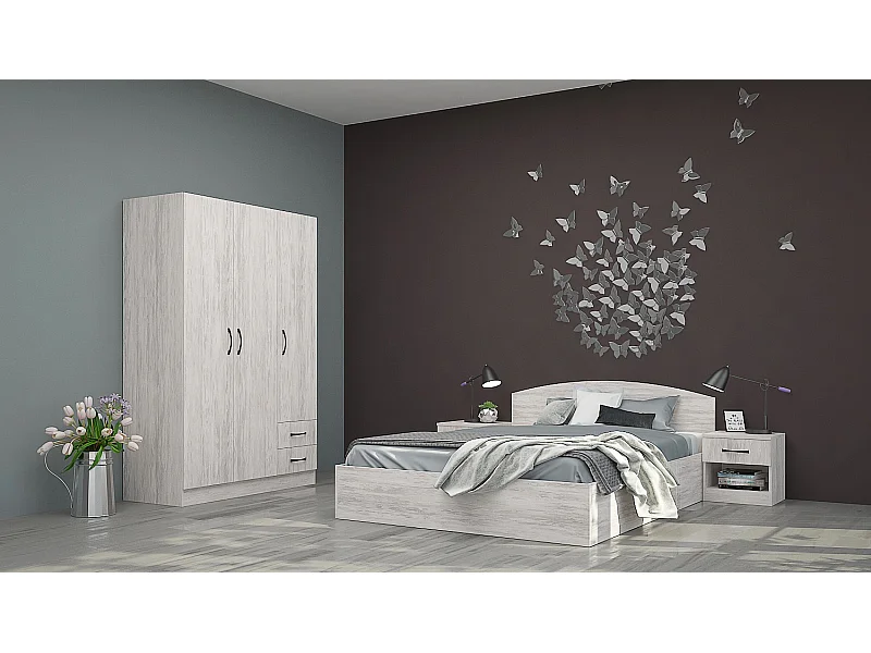 Camera da letto completa con letto a francese 140x190 design effetto legno bianco CMG40
