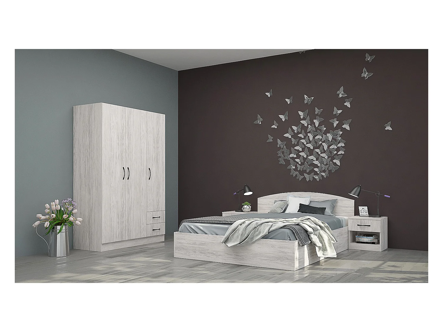 Camera da letto completa con letto a francese 140x190 design effetto legno bianco CMG40