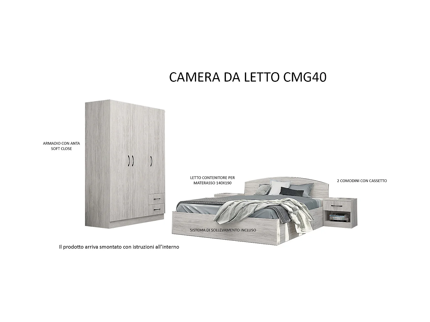 Camera da letto completa con letto a francese 140x190 design effetto legno bianco CMG40