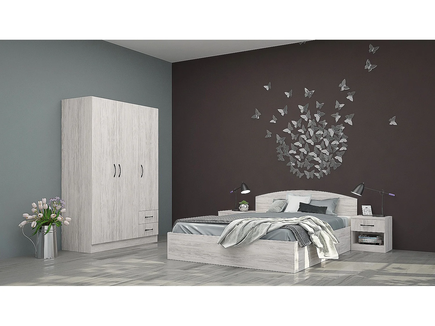 Camera da letto completa con letto a francese 140x190 design effetto legno bianco CMG40