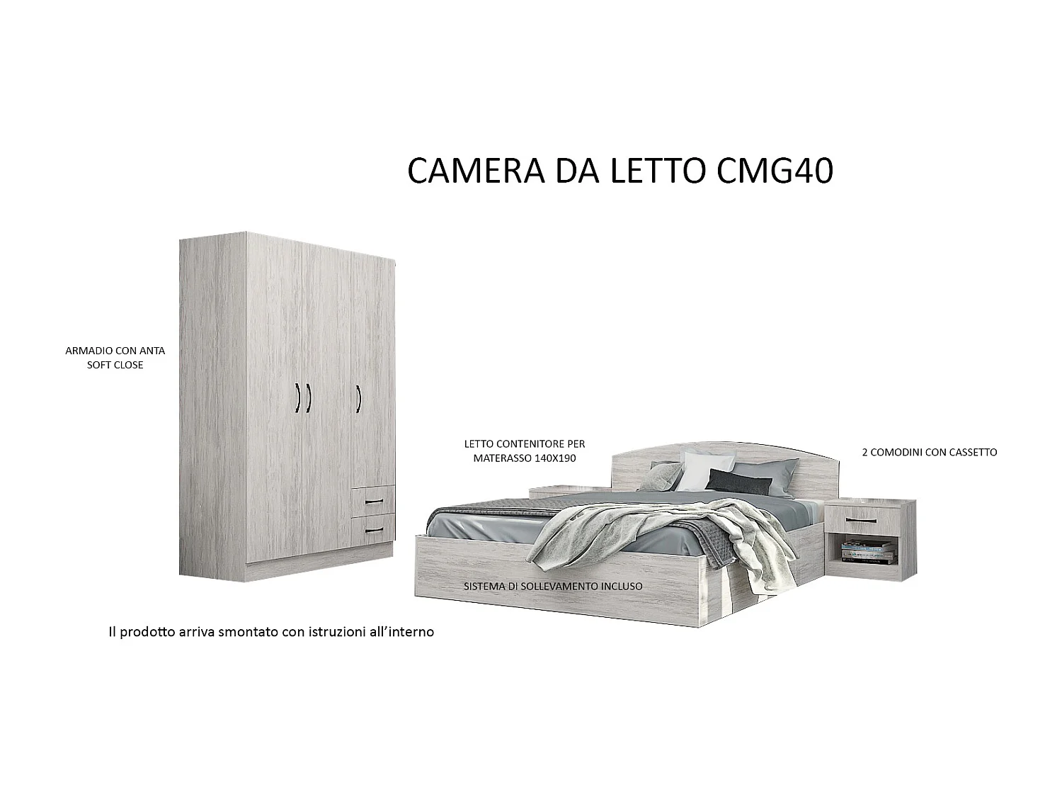 Camera da letto completa con letto a francese 140x190 design effetto legno bianco CMG40