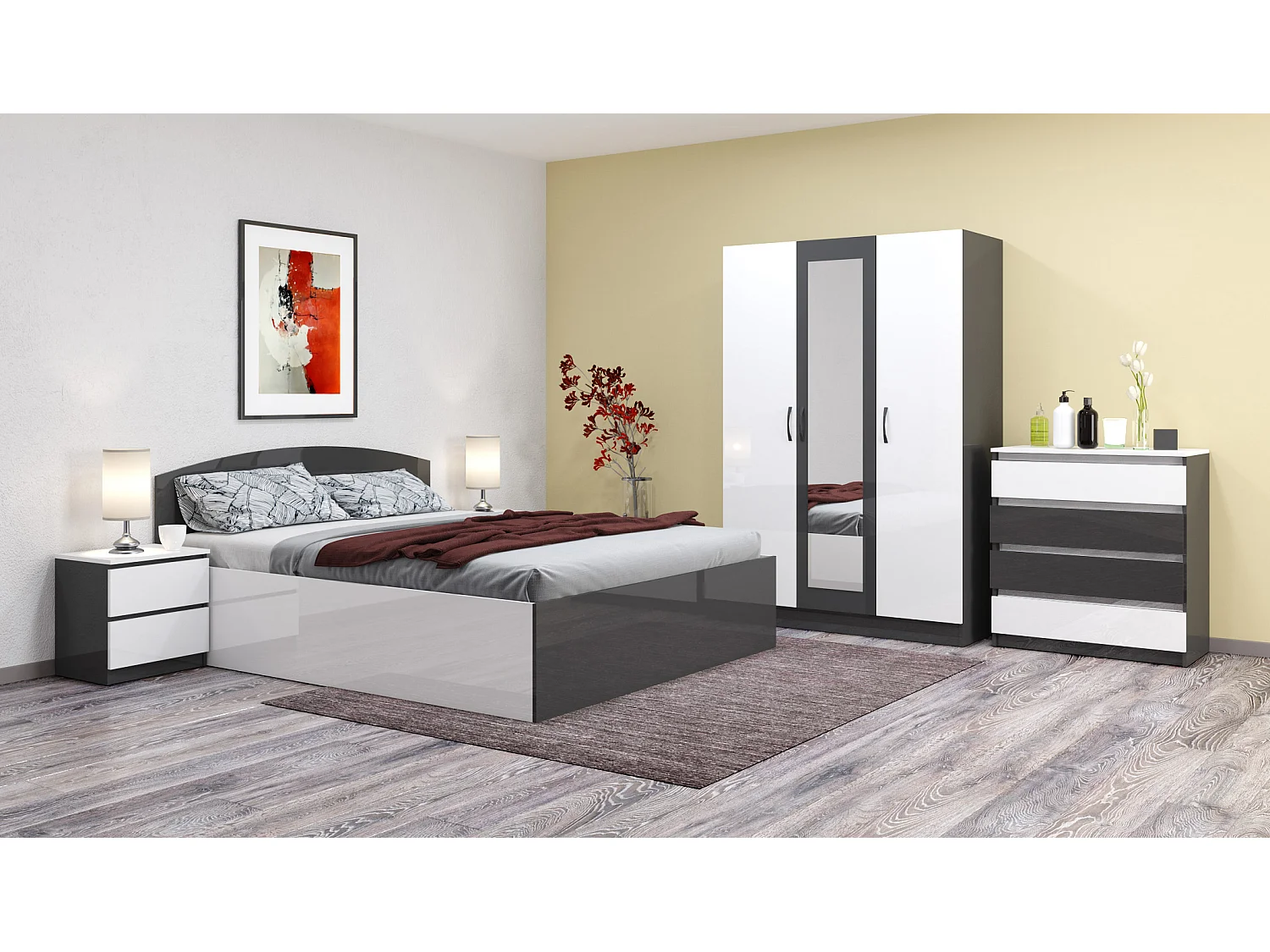 Camera da letto completa 160x200 con comò design moderno laccato bianco lucido e antracite CMG45