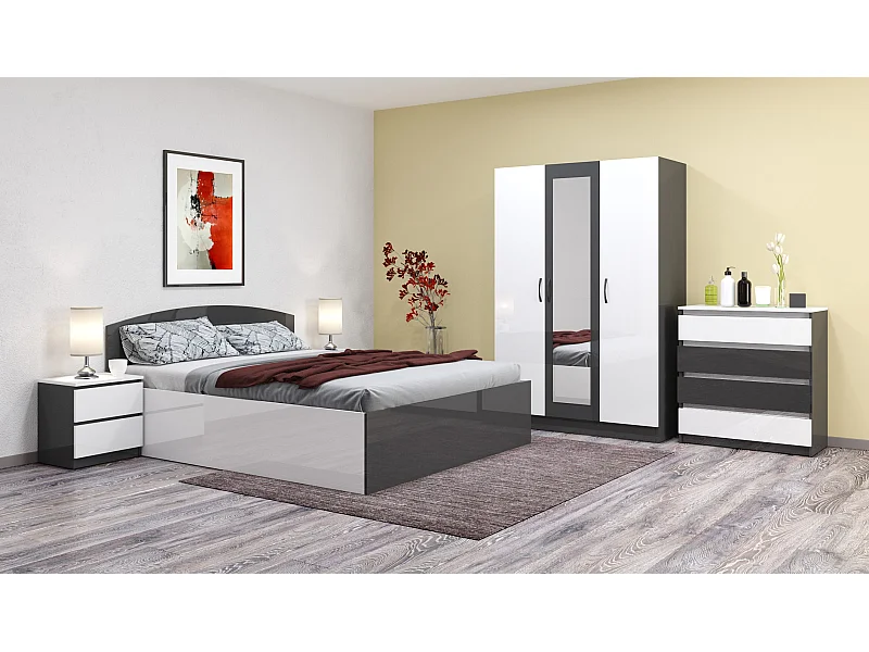 Camera da letto completa 160x200 con comò design moderno laccato bianco lucido e antracite CMG45