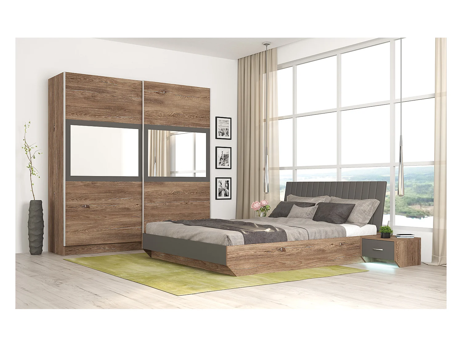 Camera matrimoniale completa con letto 160x200 cm marrone grigio antracite CMG1