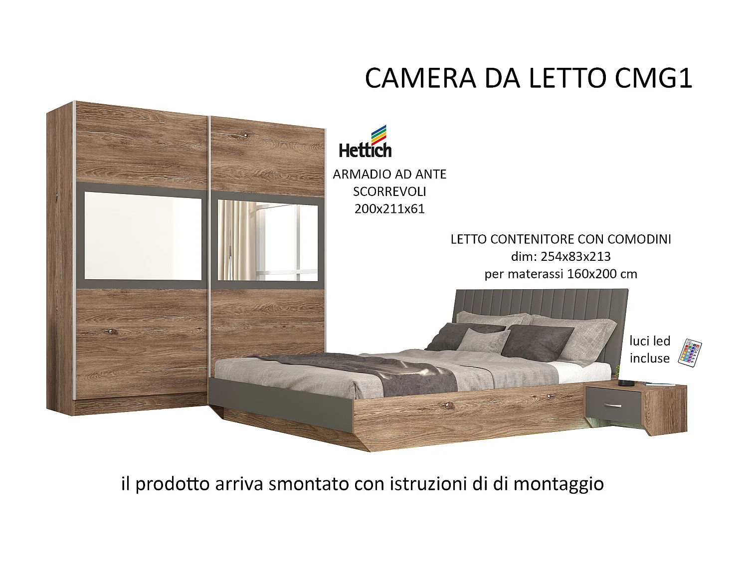 Camera matrimoniale completa con letto 160x200 cm marrone grigio antracite CMG1