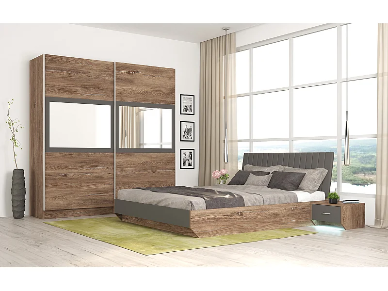 Camera matrimoniale completa con letto 160x200 cm marrone grigio antracite CMG1