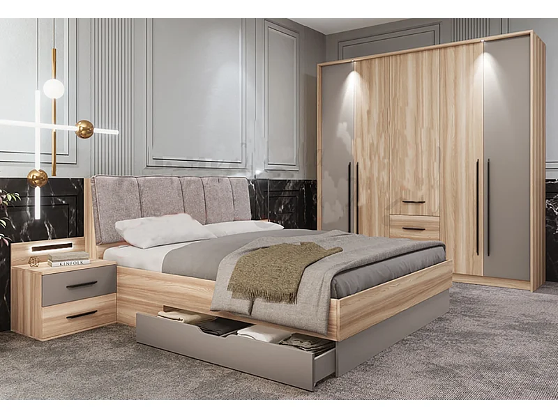 Camera da letto completa legno naturale e grigio chiaro CDLI37