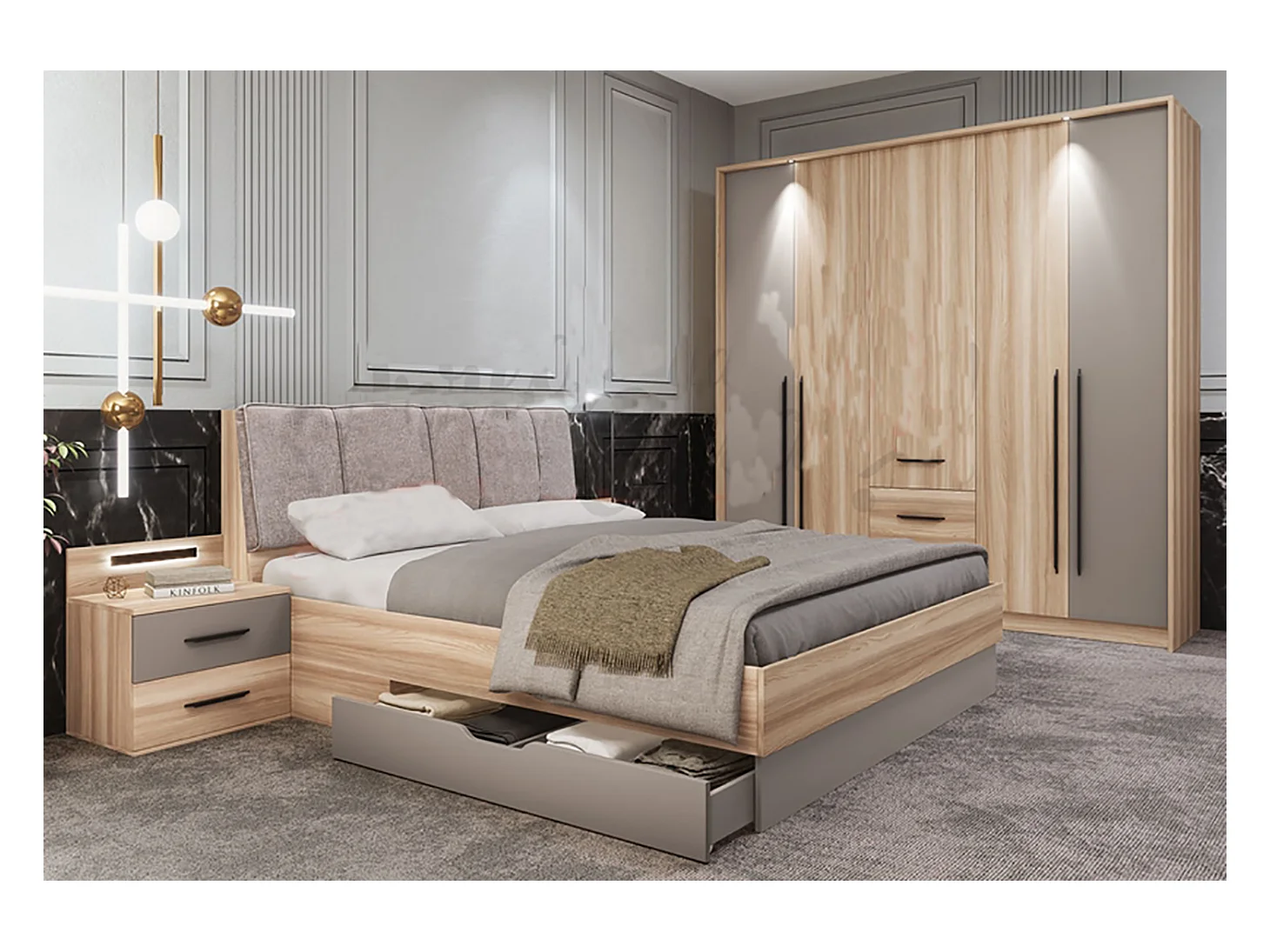 Camera da letto completa legno naturale e grigio chiaro CDLI37