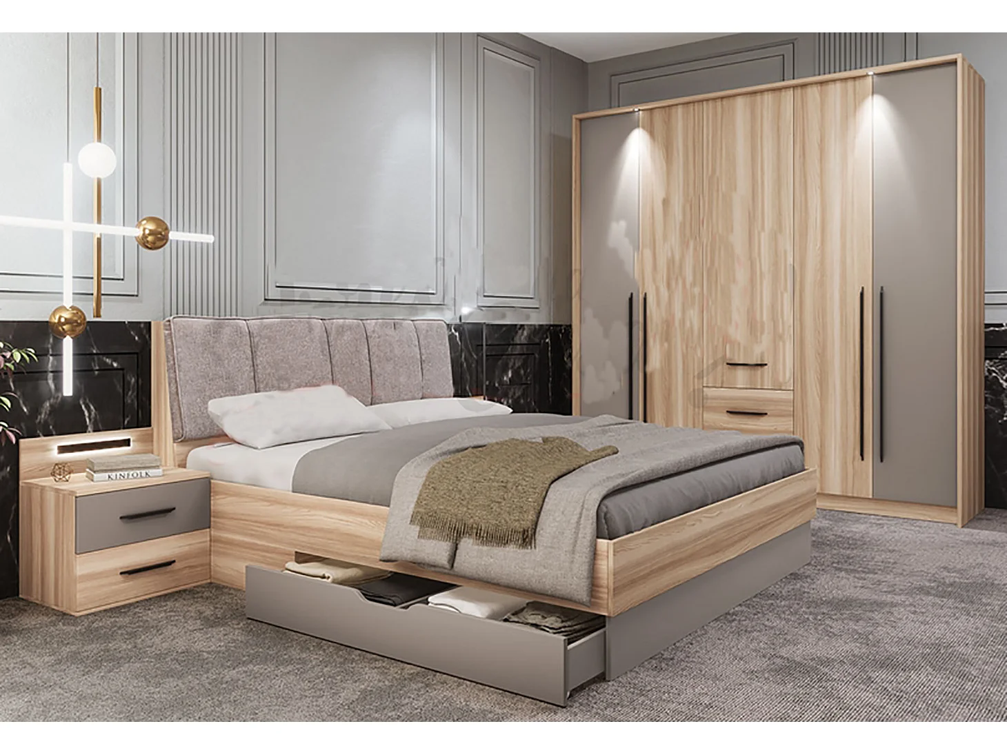 Camera da letto completa legno naturale e grigio chiaro CDLI37