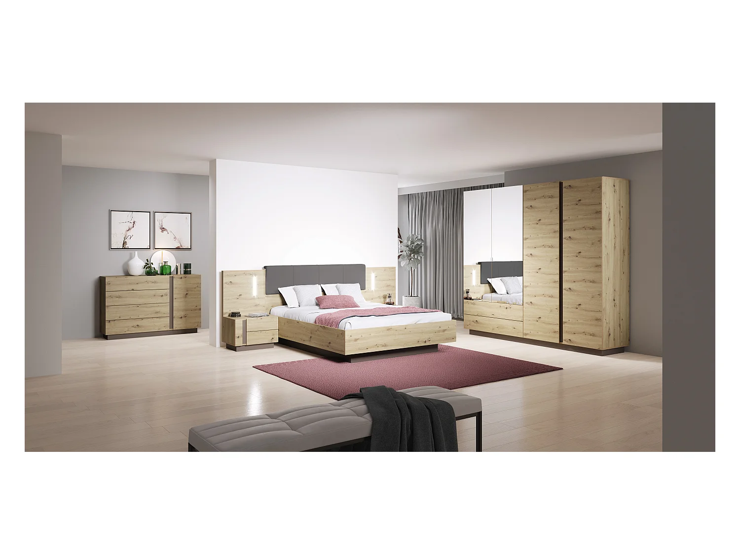 Camera da letto matrimoniale completa moderna rovere con dettagli grigio grafite CDLLK1