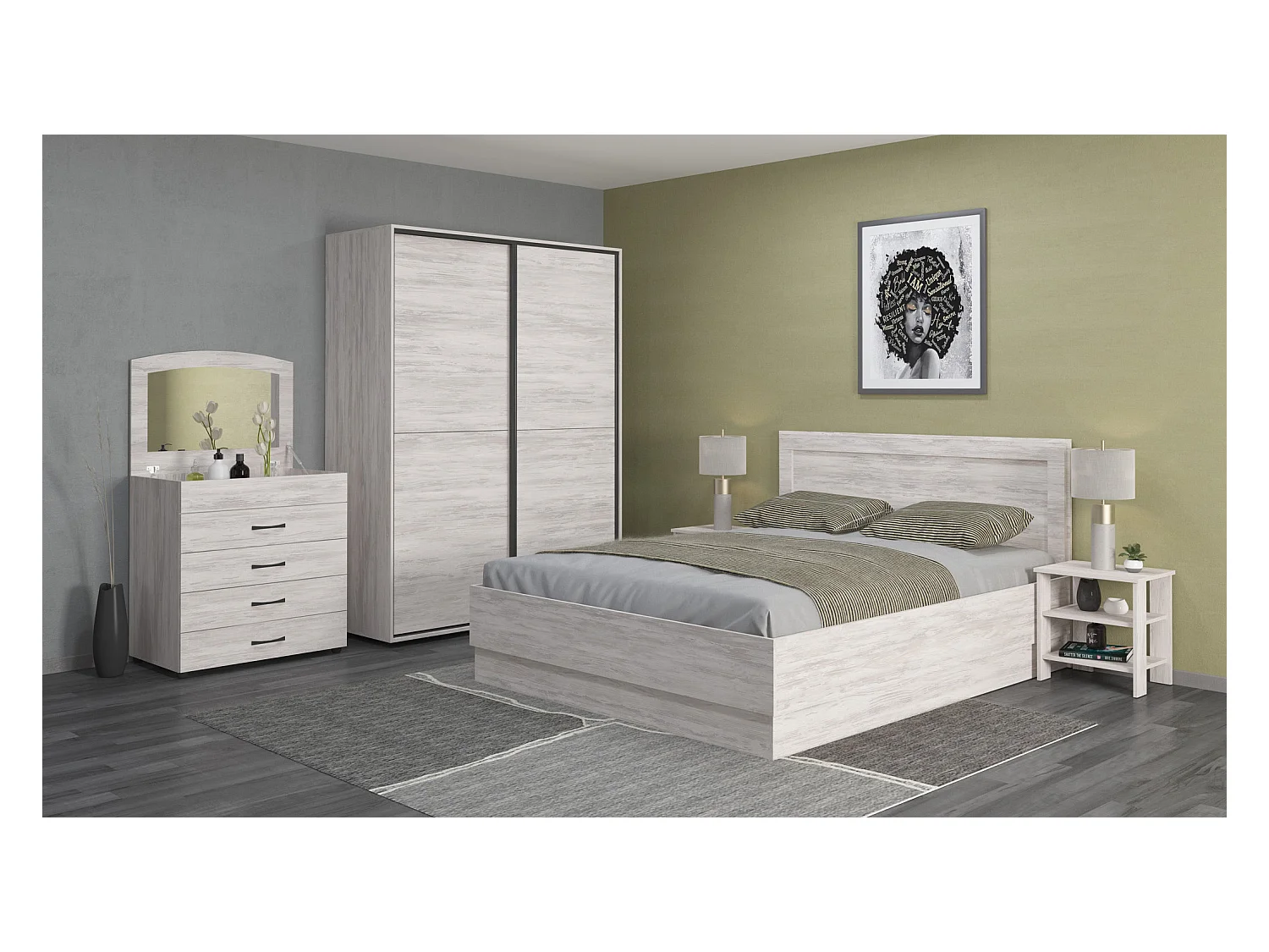 Camera da letto completa 160x200 con comò e specchio effetto legno bianco CMG44